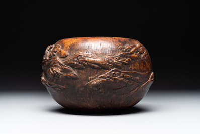 A Chinese agarwood brush washer with landscape relief design on wooden stand, 17/18th C.