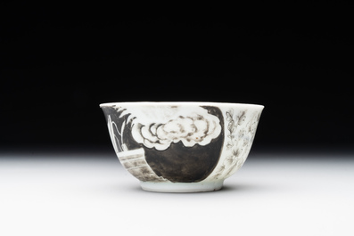 A rare Chinese grisaille and gilt cup and saucer with Ignatius of Loyola, Qianlong