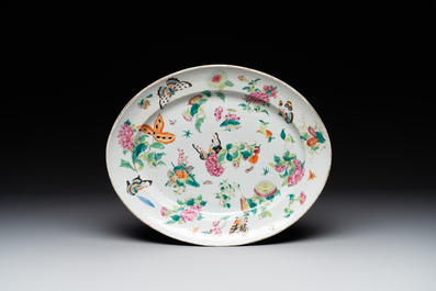 A Chinese Canton famille rose covered tureen on stand with flowers, fruits and insects, 19th C.