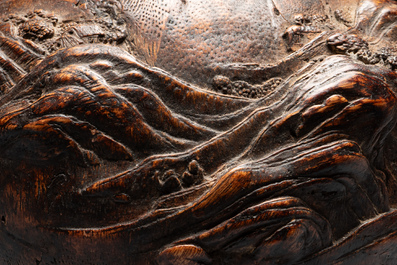 A Chinese agarwood brush washer with landscape relief design on wooden stand, 17/18th C.