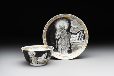 A rare Chinese grisaille and gilt cup and saucer with Ignatius of Loyola, Qianlong