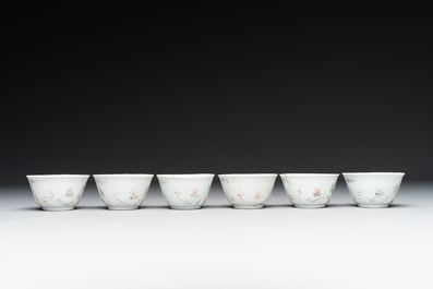 Six Chinese grisaille cups and saucers with Magu and a servant, Yongzheng/Qianlong