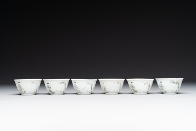 Six Chinese grisaille cups and saucers with Magu and a servant, Yongzheng/Qianlong