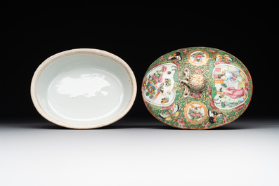 Two Chinese Canton famille rose teapots, a small covered tureen with stand, two cups and two saucers, 19th C.