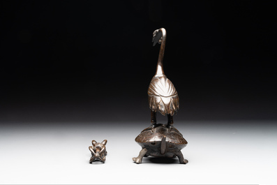 A Chinese bronze candle or incense holder in the shape of a crane standing on a turtle and a Tibetan vajra, Ming/Qing