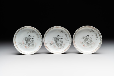 Six Chinese grisaille cups and saucers with Magu and a servant, Yongzheng/Qianlong