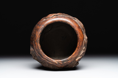 A Chinese agarwood brush washer with landscape relief design on wooden stand, 17/18th C.