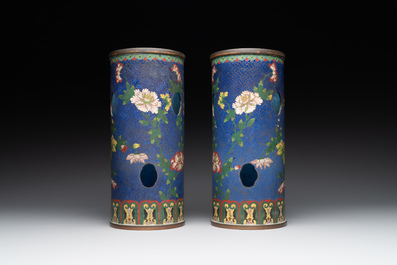 A pair of Chinese cloisonn&eacute; hat stands, two brass figures and a bronze stand, 19/20th C.