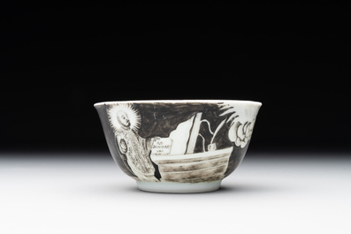 A rare Chinese grisaille and gilt cup and saucer with Ignatius of Loyola, Qianlong
