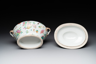 A Chinese Canton famille rose covered tureen on stand with flowers, fruits and insects, 19th C.