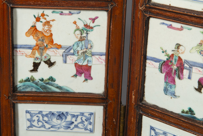 A Chinese four-part folding screen with famille rose plaques, 19th C.