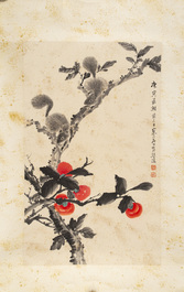 Feng Chaoran 馮超然 (1882-1954) and Jiang Hanting 江寒汀 (1904-1963): 'Peony' and 'Two squirrels on the persimmon tree', ink and colour on paper