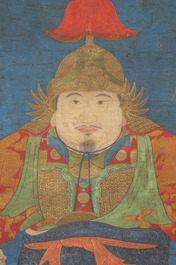 Chinese school: 'Portrait of a general with two servants', ink and colour on silk, Ming or later