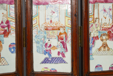 A Chinese four-part folding screen with famille rose plaques, 19th C.