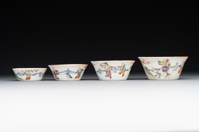 A rare set of eight Chinese famille rose 'Sanxing' nesting bowls, Tongzhi mark and of the period