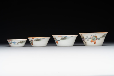 A rare set of eight Chinese famille rose 'Sanxing' nesting bowls, Tongzhi mark and of the period