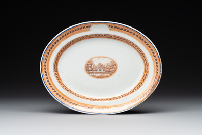 A pair of Chinese export 'EHA' monogrammed 'landscape' tureens, covers and stands, Jiaqing, ca. 1800