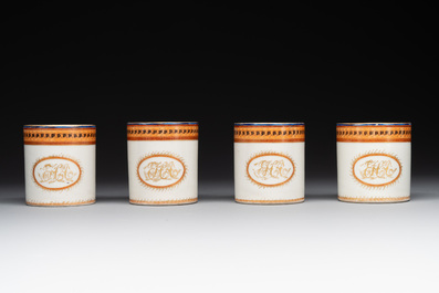 Four Chinese export 'EHA' monogrammed 'landscape' cups and saucers, Jiaqing, ca. 1800
