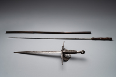 A varied collection of 4 European swords and a walking stick-blade, 17/19th C.