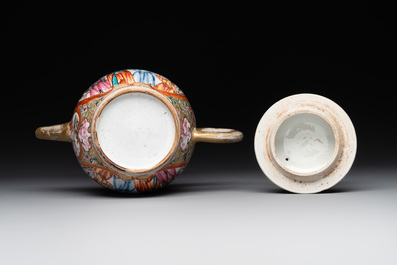 A Chinese Canton famille rose 'mandarin subject' covered teapot and a pair of saucers, Qianlong