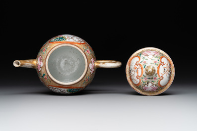 A Chinese Canton famille rose 'mandarin subject' covered teapot and a pair of saucers, Qianlong