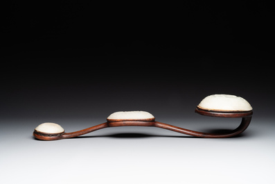 A Chinese wooden ruyi with white jade and a pair of table screens with jade, 19th C.