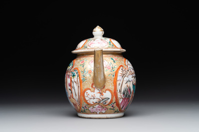 A Chinese Canton famille rose 'mandarin subject' covered teapot and a pair of saucers, Qianlong