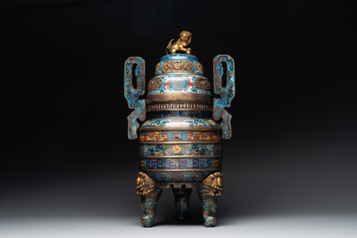 A pair of Chinese cloisonn&eacute; censers with covers and stands, 19/20th C.