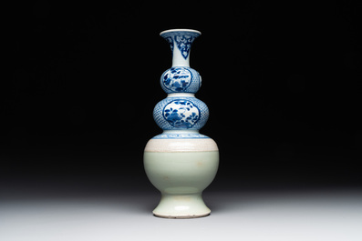 A rare Chinese blue and white, celadon-and-ge-glazed triple gourd vase, Kangxi