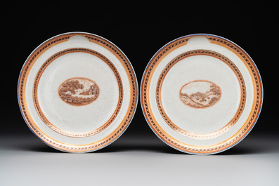 Eight Chinese export 'EHA' monogrammed 'landscape' plates, Jiaqing, ca. 1800