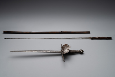 A varied collection of 4 European swords and a walking stick-blade, 17/19th C.
