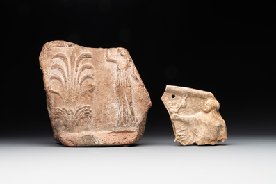 Two terracotta female figures and two fragments with figural design, Italy, 7/4th C. B.C.
