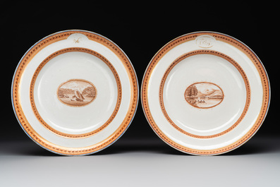 Eight Chinese export 'EHA' monogrammed 'landscape' plates, Jiaqing, ca. 1800