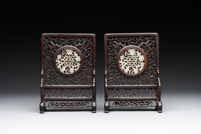 A Chinese wooden ruyi with white jade and a pair of table screens with jade, 19th C.