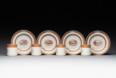 Four Chinese export 'EHA' monogrammed 'landscape' cups and saucers, Jiaqing, ca. 1800