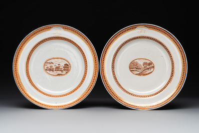 Eight Chinese export 'EHA' monogrammed 'landscape' plates, Jiaqing, ca. 1800