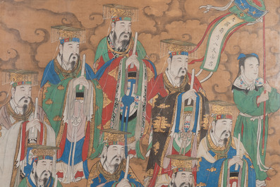 Chinese school: 'Deities in heaven', ink and colour on silk, Qing