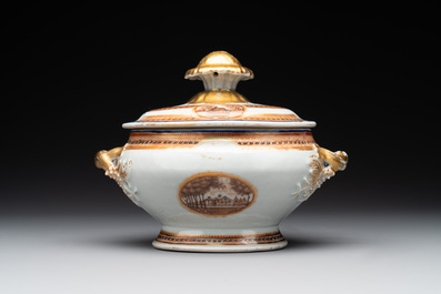 A pair of Chinese export 'EHA' monogrammed 'landscape' tureens, covers and stands, Jiaqing, ca. 1800