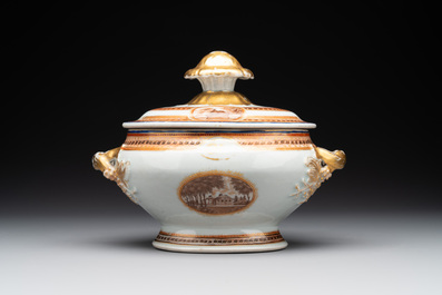 A pair of Chinese export 'EHA' monogrammed 'landscape' tureens, covers and stands, Jiaqing, ca. 1800
