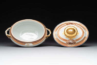 A pair of Chinese export 'EHA' monogrammed 'landscape' tureens, covers and stands, Jiaqing, ca. 1800