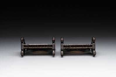 A Chinese wooden ruyi with white jade and a pair of table screens with jade, 19th C.