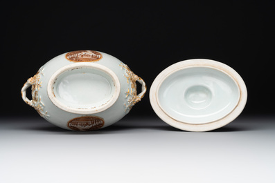 A pair of Chinese export 'EHA' monogrammed 'landscape' tureens, covers and stands, Jiaqing, ca. 1800