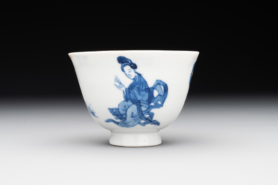 A Chinese blue and white 'Long Eliza and playing boy' cup and saucer, Qi Yu Mei Zhi 奇玉美製 and Bi Yu Tang Zhi 璧玉堂製, Kangxi