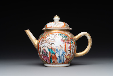 A Chinese Canton famille rose 'mandarin subject' covered teapot and a pair of saucers, Qianlong
