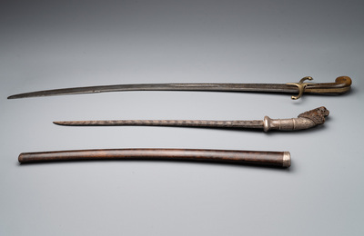 A silver plated dagger and four swords, China, Burma and Indonesia, 18/19th C.