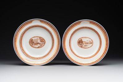 Four Chinese export 'EHA' monogrammed 'landscape' cups and saucers, Jiaqing, ca. 1800