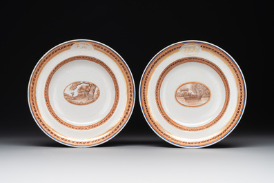 Four Chinese export 'EHA' monogrammed 'landscape' cups and saucers, Jiaqing, ca. 1800
