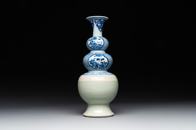 A rare Chinese blue and white, celadon-and-ge-glazed triple gourd vase, Kangxi