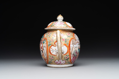A Chinese Canton famille rose 'mandarin subject' covered teapot and a pair of saucers, Qianlong