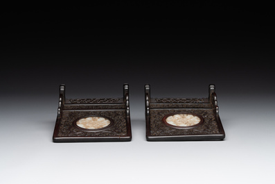 A Chinese wooden ruyi with white jade and a pair of table screens with jade, 19th C.